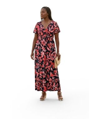 Michelle Mae resortwear Black Maxi Dress with Coral Floral Pattern size XL